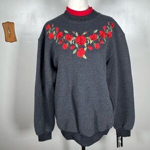 Vintage NWT Bon Worth  Embroidered Red Roses Mock Neck Black Sweatshirt Size M